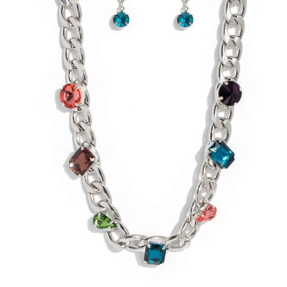 Paparazzi Silver Red Necklace Bold Chain Design Audaciously Affixed Multi Jewels